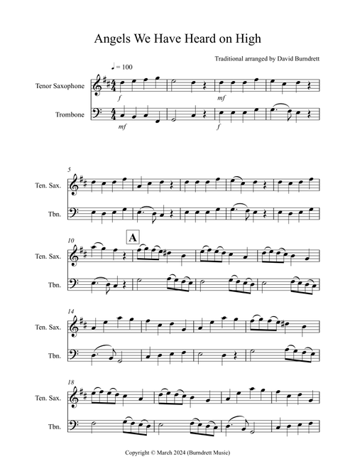 Angels We Have Heard on High for Tenor Saxophone and Trombone Duet (Arr. David Burndrett) - Traditional (Instrumental Duet)