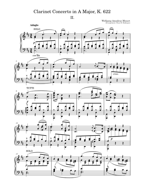 Clarinet Concerto in A major, K.622 – Wolfgang Amadeus Mozart (2. Adagio, arr. piano solo)