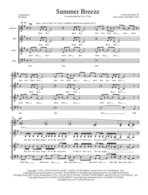 Summer Breeze (Arr. BJ Harris) - Seals & Crofts (Choral, SATB divisi)