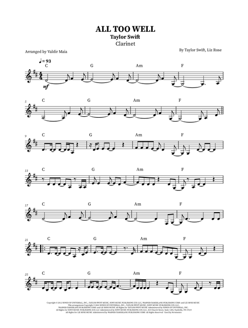 All Too Well (Arr. Valdir Maia) - Taylor Swift (Clarinet Solo)