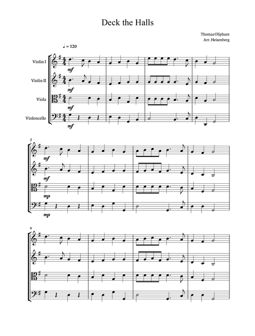 Deck The Halls for String Quartet. Score and parts included. (Arr. Heisenberg) - Thomas Oliphant (String Quartet)