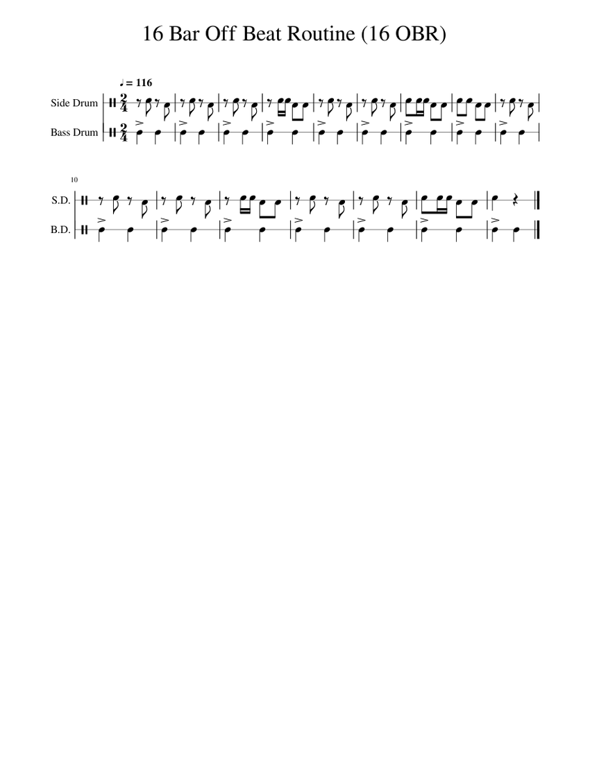 16 Bar Off Beat Routine (16 OBR) Sheet music for Snare drum, Bass drum
