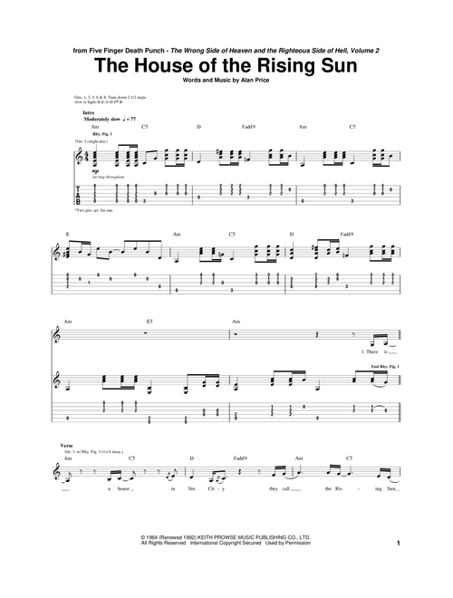The House Of The Rising Sun - Five Finger Death Punch, The Animals (Guitar Tab)