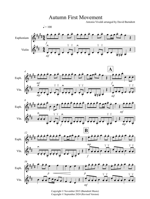 Autumn "Four Seasons" for Euphonium and Violin Duet (Arr. David Burndrett) - Antonio Vivaldi (Instrumental Duet)