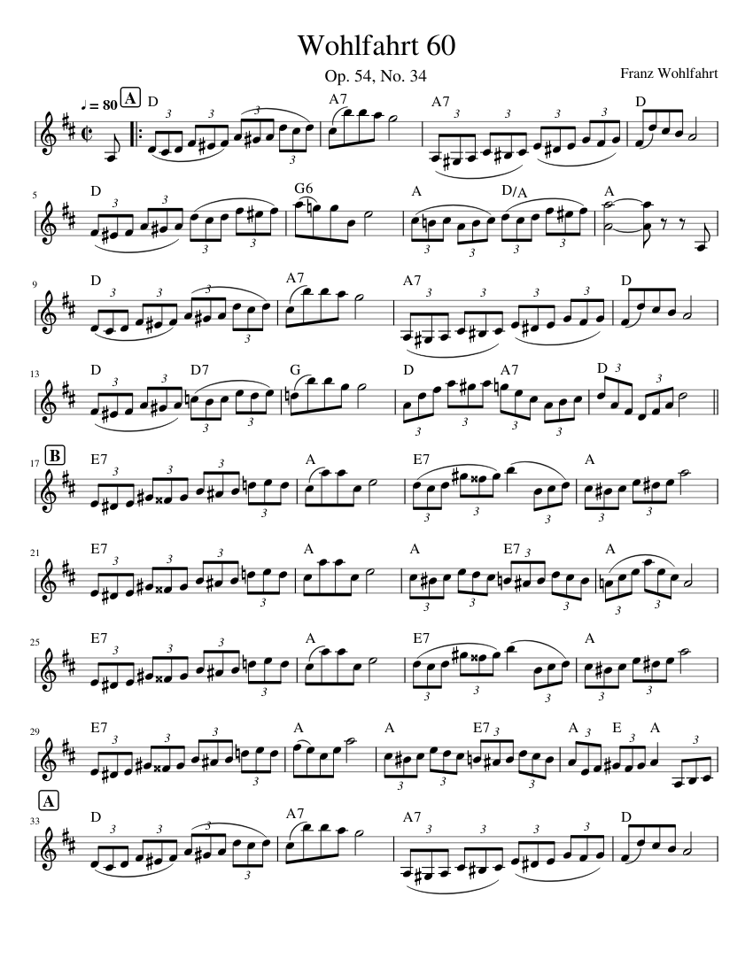 Wohlfahrt 60 (Op 54, no. 34) Sheet Music with Chords for Violin