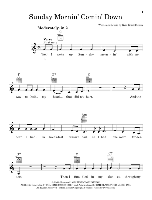 Sunday Mornin' Comin' Down - Johnny Cash, Kris Kristofferson (Ukulele)