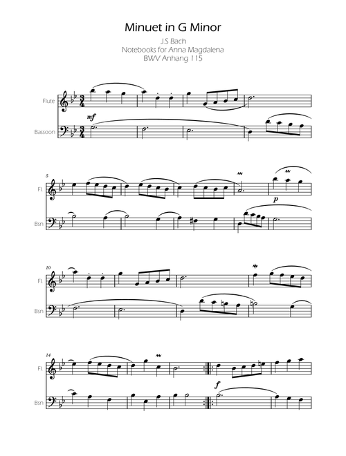 Minuet in G minor BWV Anh. 115 - Bach - Flute and Basson (Arr. Ygor Nunes Silva) - Johann Sebastian Bach (Instrumental Duet and Piano)