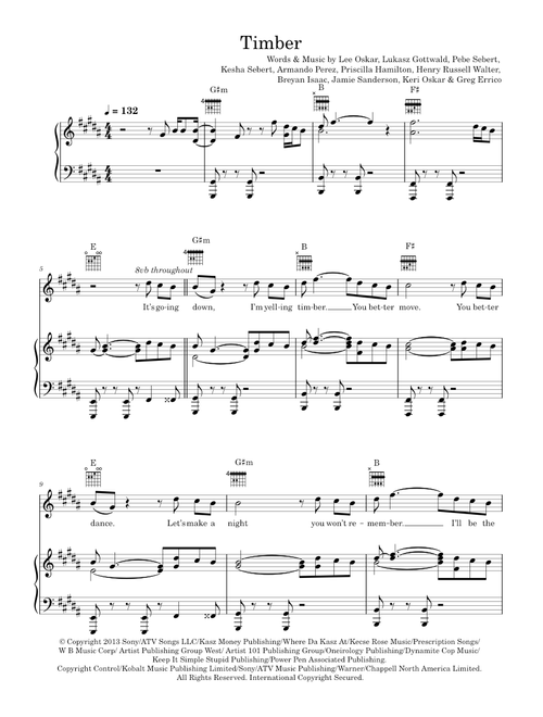 Timber - Pitbull feat. Kesha (Piano-Vocal-Guitar (Piano Accompaniment))
