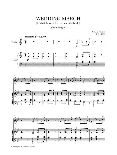 Wedding March (Bridal Chorus - Here comes the Bride) for Violin and Piano (Arr. Cadenza Editions) - Richard Wagner (Violin and Piano)