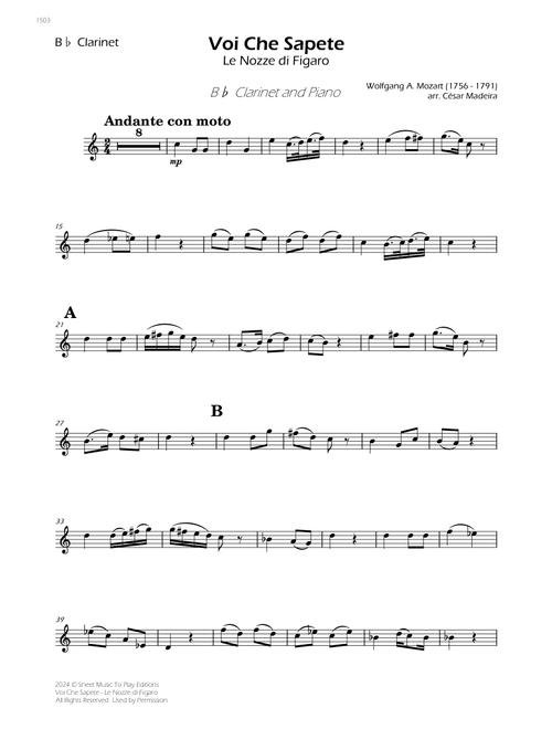Voi Che Sapete from Le Nozze di Figaro - Bb Clarinet and Piano (Individual Parts) (Arr. César Madeira) - Wolfgang Amadeus Mozart (Clarinet and Piano)