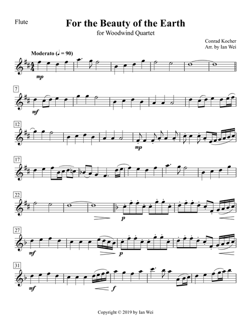 For the Beauty of the Earth for Woodwind Quartet (Arr. Ian Wei) - Conrad Kocher (Woodwind Ensemble)