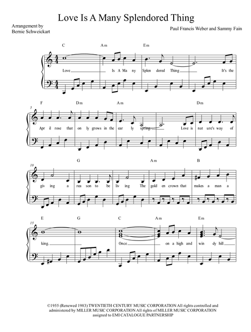 Love Is A Many-splendored Thing (Arr. Bernie Schweickart) - Four Aces (Piano-Vocal-Guitar (Piano Accompaniment))