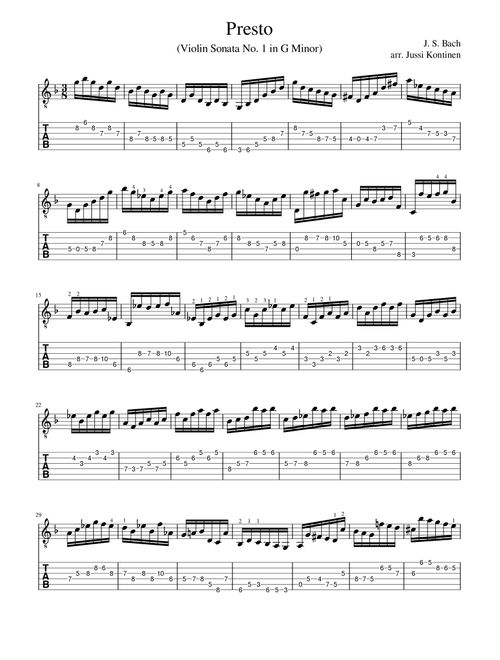 J.S. Bach: Presto (Violin Sonata No. 1 in G Minor) adaptation for electric guitar (Arr. Jussi Kontinen) (Guitar Tab)