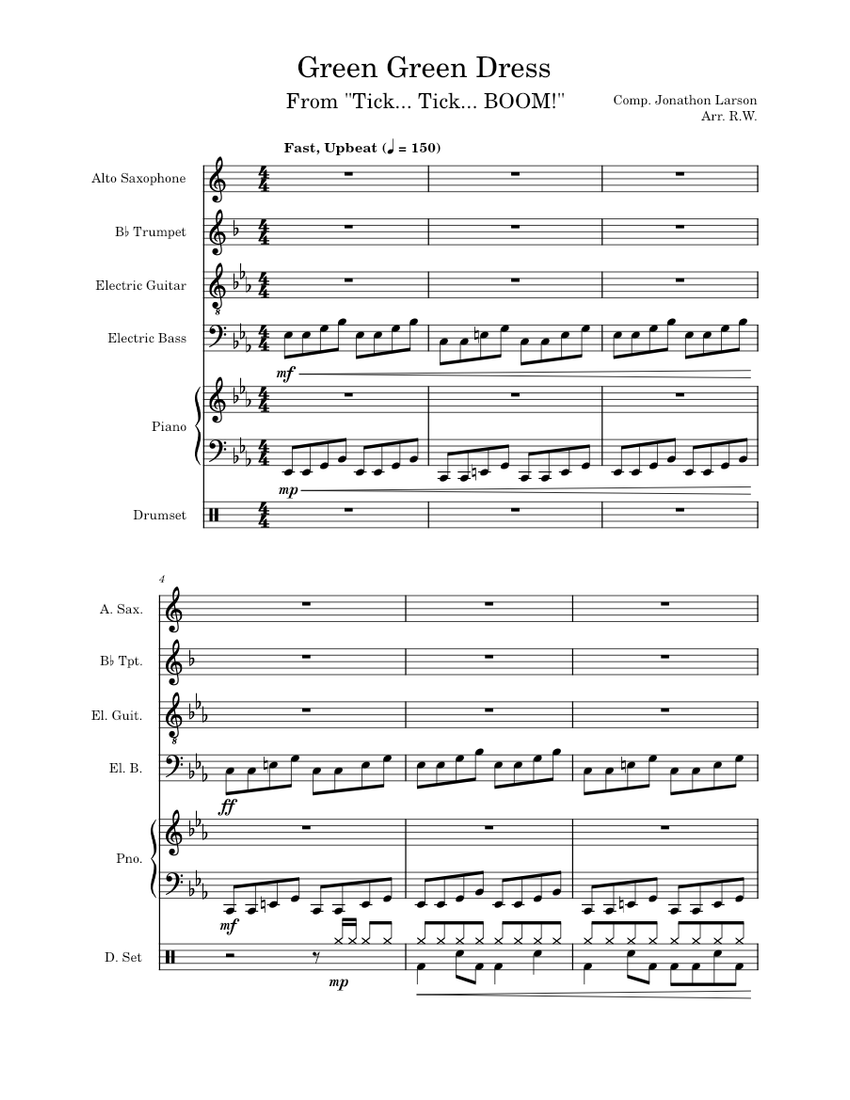 Green Green Dress - Jonathan Larson, Tick, Tick... BOOM! Sheet Music for  Piano, Saxophone alto, Trumpet in b-flat, Guitar & more instruments (Jazz  Band) | MuseScore.com