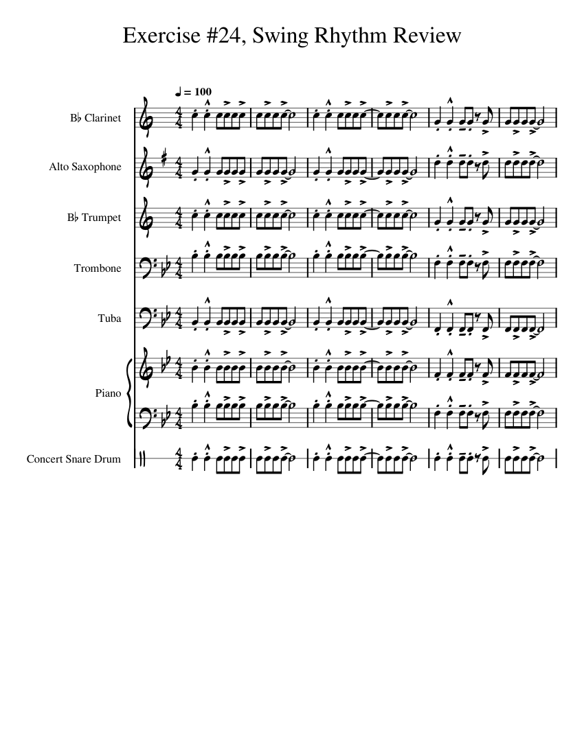 Exercise 24 Swing Rhythm Review Sheet music for Piano Trombone Tuba Clarinet in b flat more instruments Mixed Ensemble Musescore