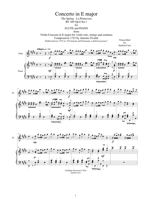 Vivaldi - Concerto No.1 in E Major 'Spring' RV 269 Flute and Piano (Arr. Santino Cara) - Vivaldi Antonio (Flute and Piano)