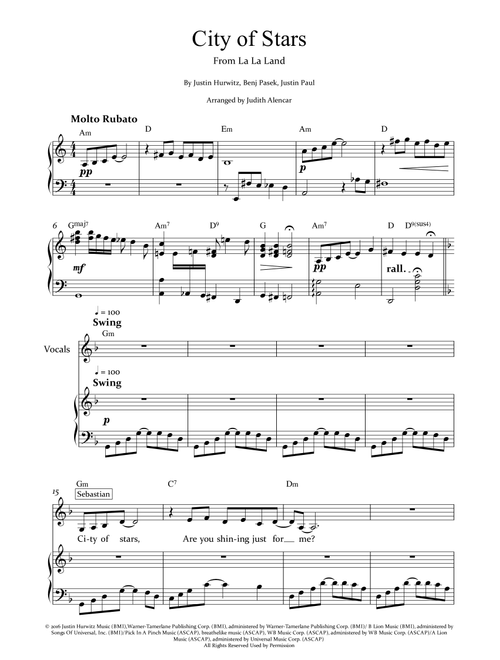 City Of Stars (Arr. Judith Alencar) - Justin Hurwitz, Benj Pasek, Justin Paul (Piano-Vocal-Guitar (Piano Accompaniment))
