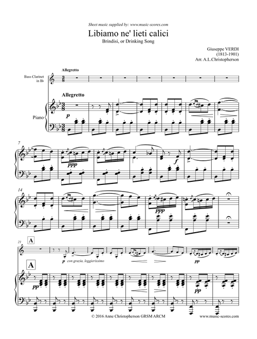 Verdi: Libiamo ne lieti calici - Brindisi from La Traviata - Bass Clarinet & Piano (Arr. Anne Christopherson GRSM ARCM) - Verdi Giuseppe (Instrumental Solo (with Piano Accompaniment))