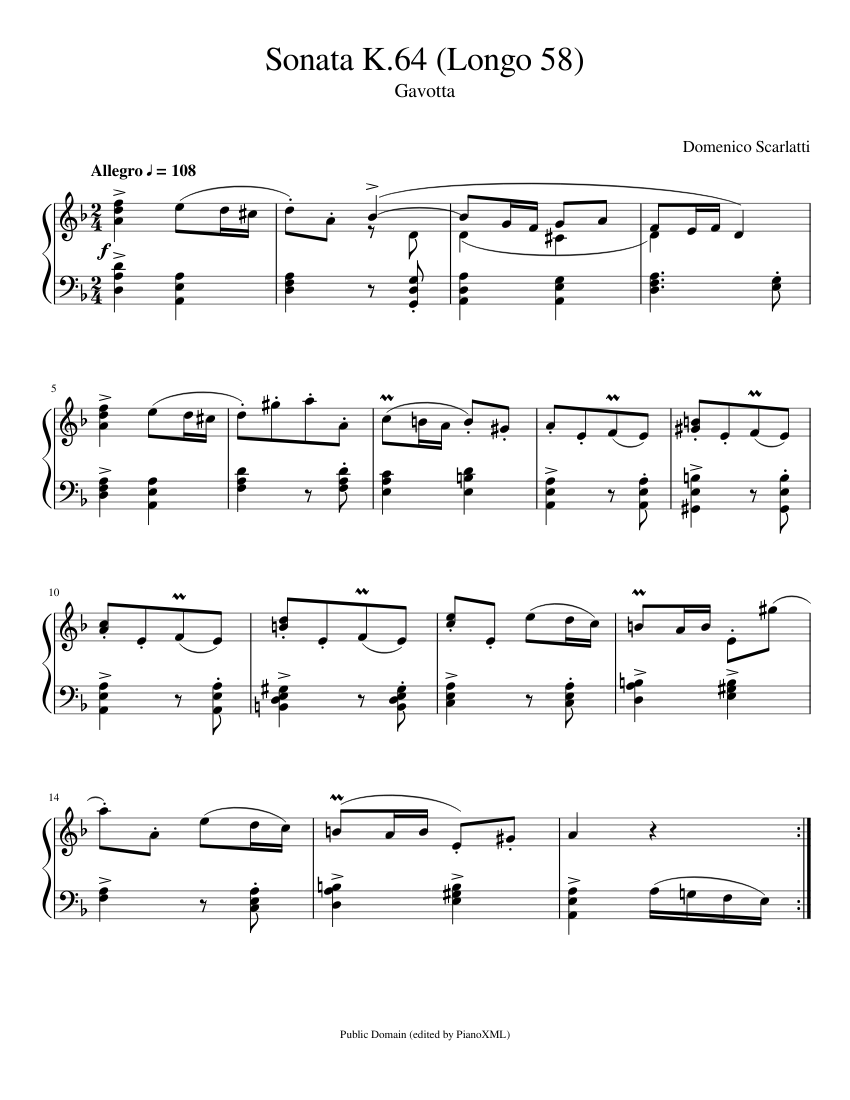Scarlatti: Sonata K.64 (Longo 58) - PianoXML Edition Sheet