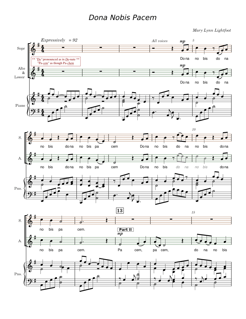 Dona nobis pacem arr mary lynn lightfoot sheet music for piano
