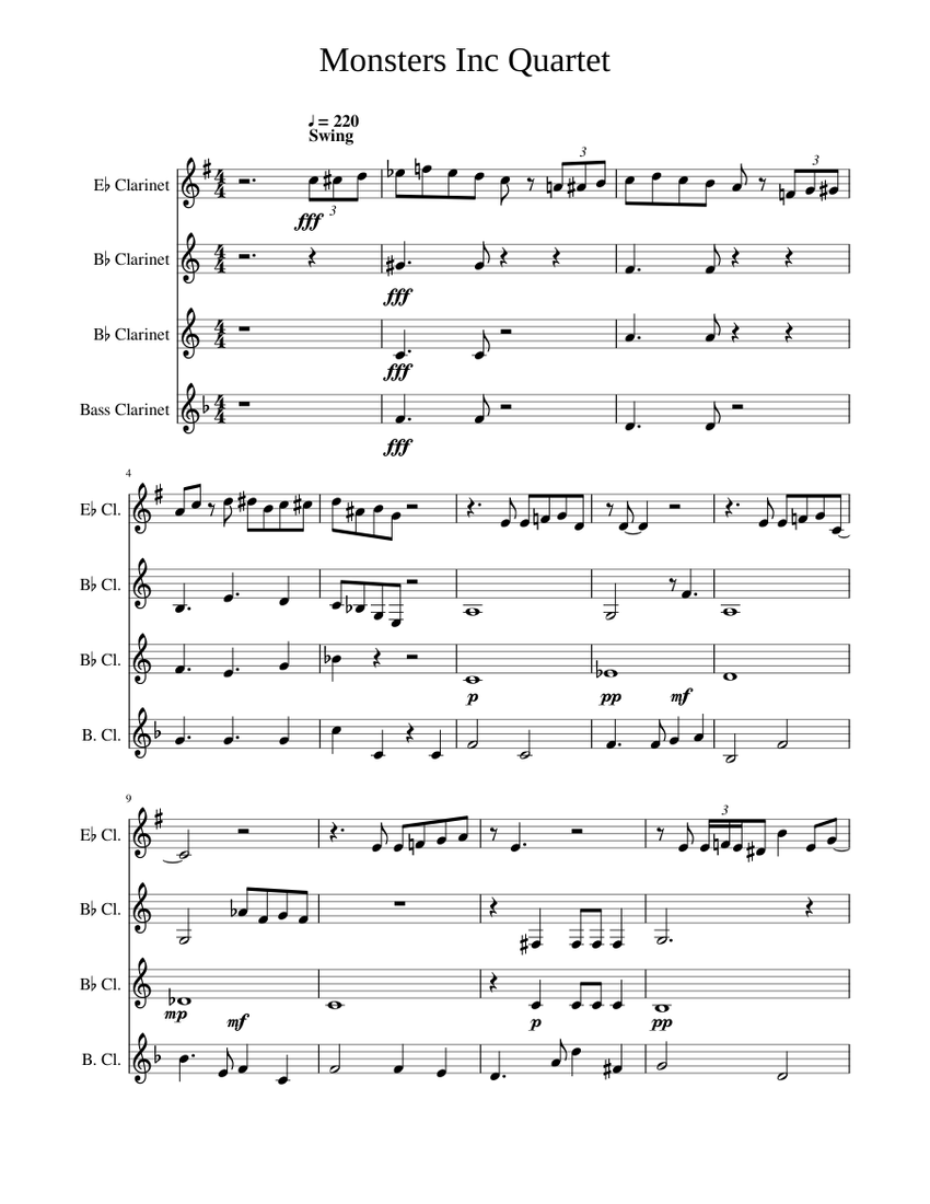 Monsters Inc Quartet Sheet music for in eflat, in b