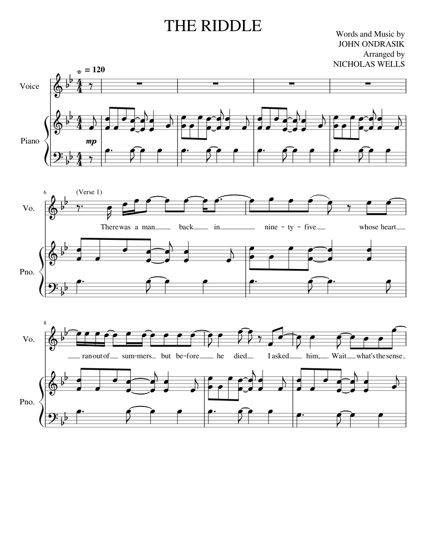 The Riddle Five For Fighting Sheet Music For Piano Vocals Piano   Score 0 @850x1100