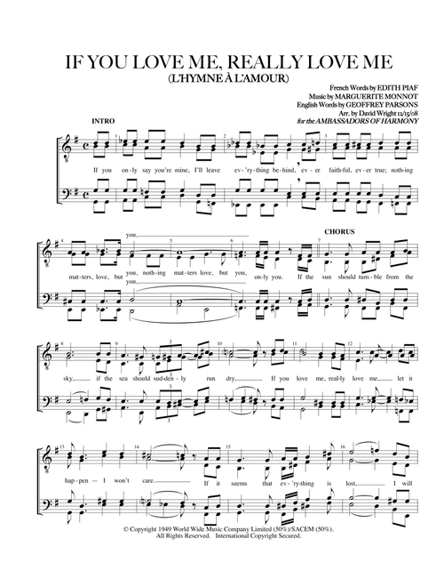 If You Love Me Really Love Me (hymne A L'amour) (Arr. David Wright) - Kaye Starr (Choral, SSAA)