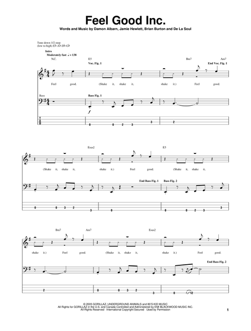 Feel Good Inc - Gorillaz, De La Soul (Bass Tab)