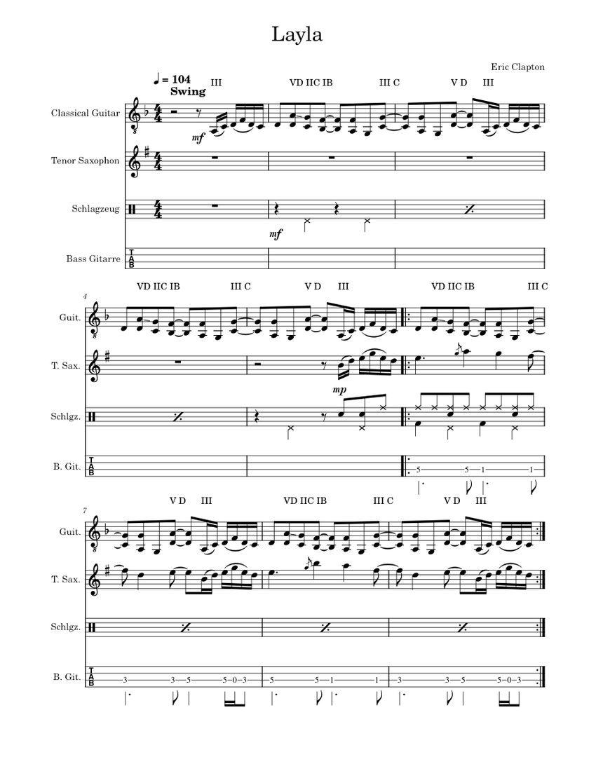 Layla – Eric Clapton Sheet Music and Tab for Saxophone tenor, Guitar ...