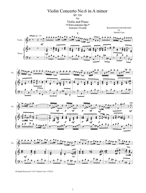 Vivaldi - Violin Concerto No.6 in A minor Rv 356 Op.3 for Violin and Piano (Arr. Santino Cara) - Vivaldi Antonio (Violin and Piano)