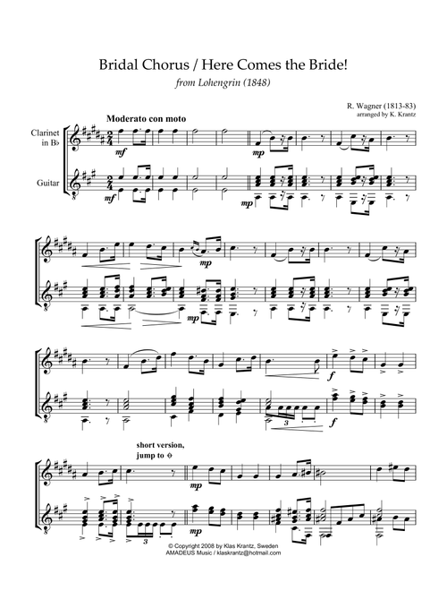 Bridal Chorus / Here Comes the Bride! for clarinet in Bb and guitar (Arr. K. Krantz) - R Wagner (Instrumental Duet)