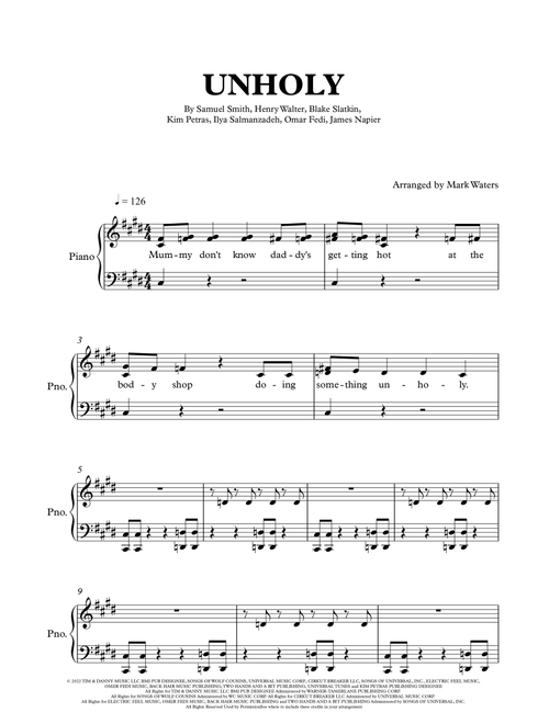 Unholy (Arr. Mark Waters) - Sam Smith Feat. Kim Petras (Piano Vocal)