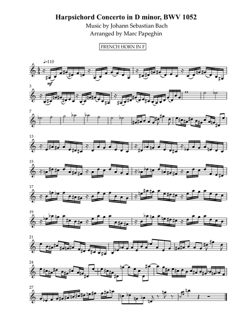 Harpsichord Concerto in D minor || French Horn Arrangement (Arr. Marc Papeghin) - Johann Sebastian Bach (French Horn Solo)