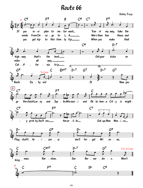 Route 66 (Lead sheet with lyrics )