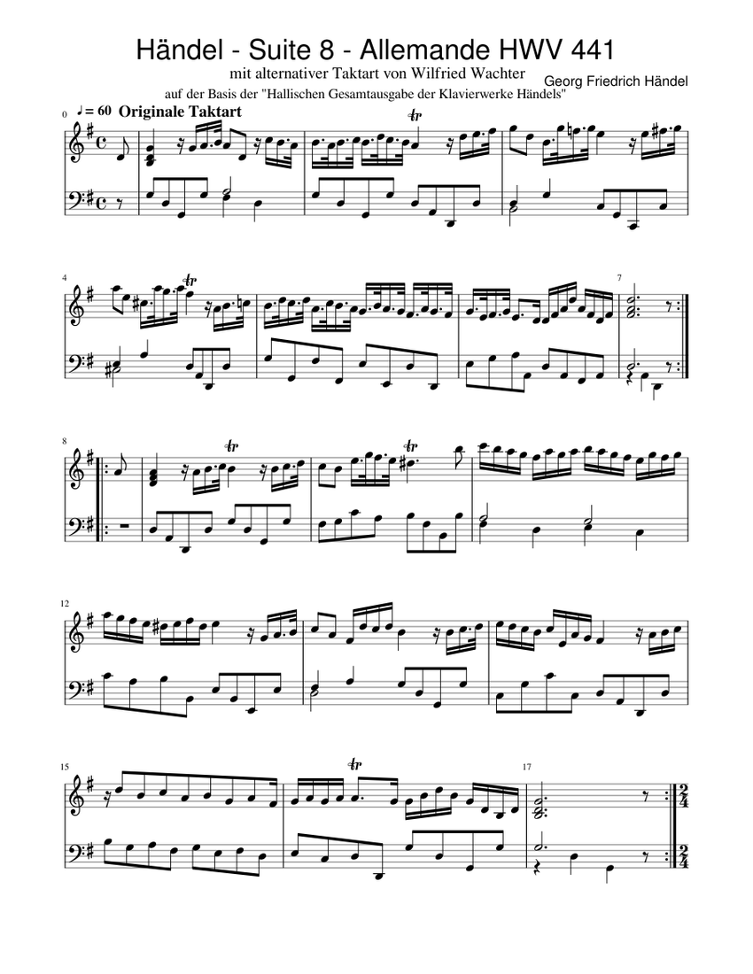 Händel - Suite 8 - Allemande HWV 441 Sheet Music for Harpsichord