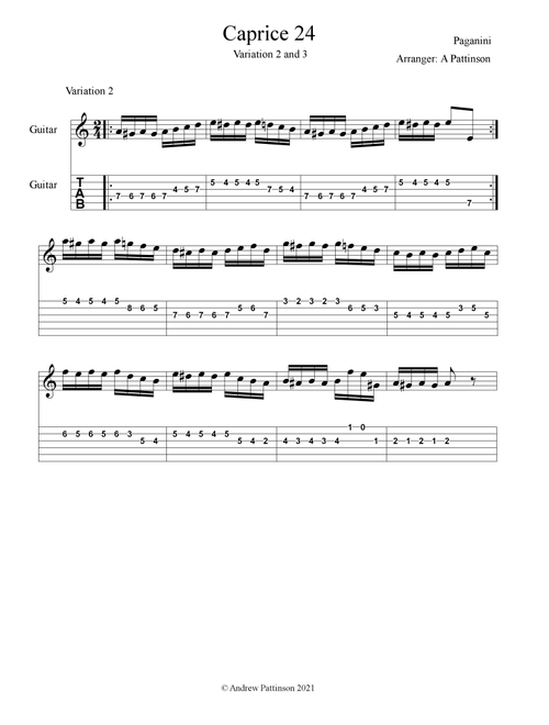 Paganini Caprice 24 Variation 2 and Variation 3 for Guitar (Arr. Andrew Pattinson) (Guitar Tab)