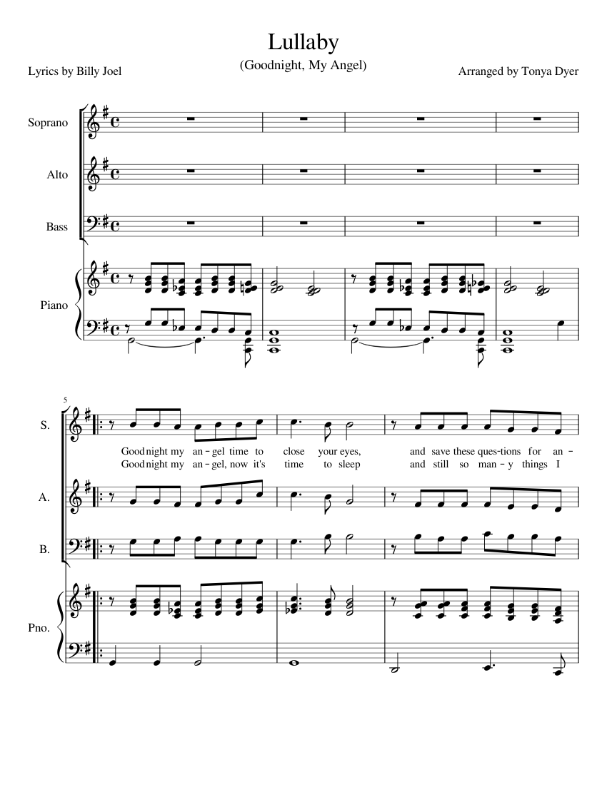 instructor Dedos de los pies Poner Lullaby (Goodnight My Angel) Sheet music for Piano, Soprano, Alto, Bass  voice (Mixed Quartet) | Musescore.com