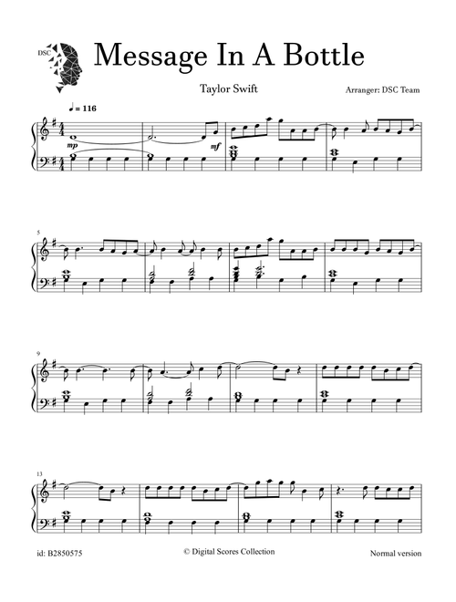 Message In A Bottle Taylor S Version From The Vault (Arr. Digital Scores Collection) - Taylor Swift (Piano Solo)