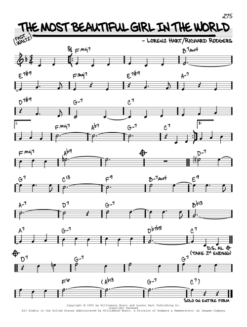 The Most Beautiful Girl In The World [Reharmonized version] (arr. Jack Grassel) - Lorenz Hart, Richard Rodgers (Real Book - Melody-Chords)