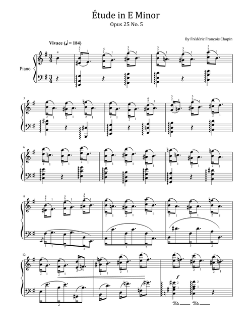 Chopin, Étude in E Minor, Op.25 No. 5 "Wrong note" for Piano Solo Original With Fingering (Arr. poon) - Frédéric François Chopin (Piano Solo)