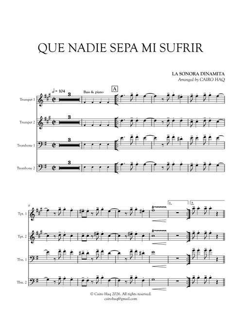 Que Nadie Sepa Mi Sufrir (Brass Parts) (Arr. Cairo Haq) - La Sonora Dinamita (Small Ensemble)