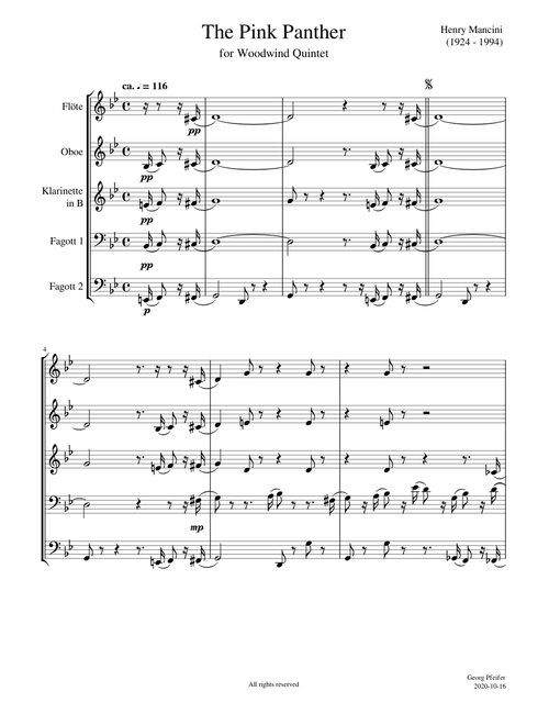 Henry Mancini: The Pink Panther for Woodwind Quintet