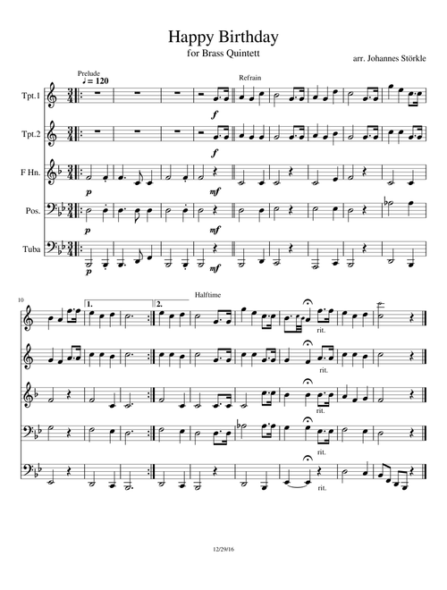 Happy Birthday, Tusch & Prosit for Brass-Quintett