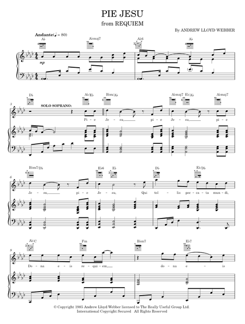 Pie Jesu (from Requiem) - Andrew Lloyd Webber, Sarah Brightman (Piano-Vocal-Guitar)