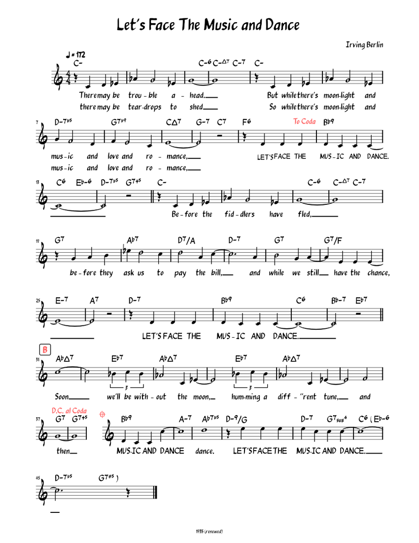 Let's Face The Music And Dance (Lead sheet with lyrics ) Sheet