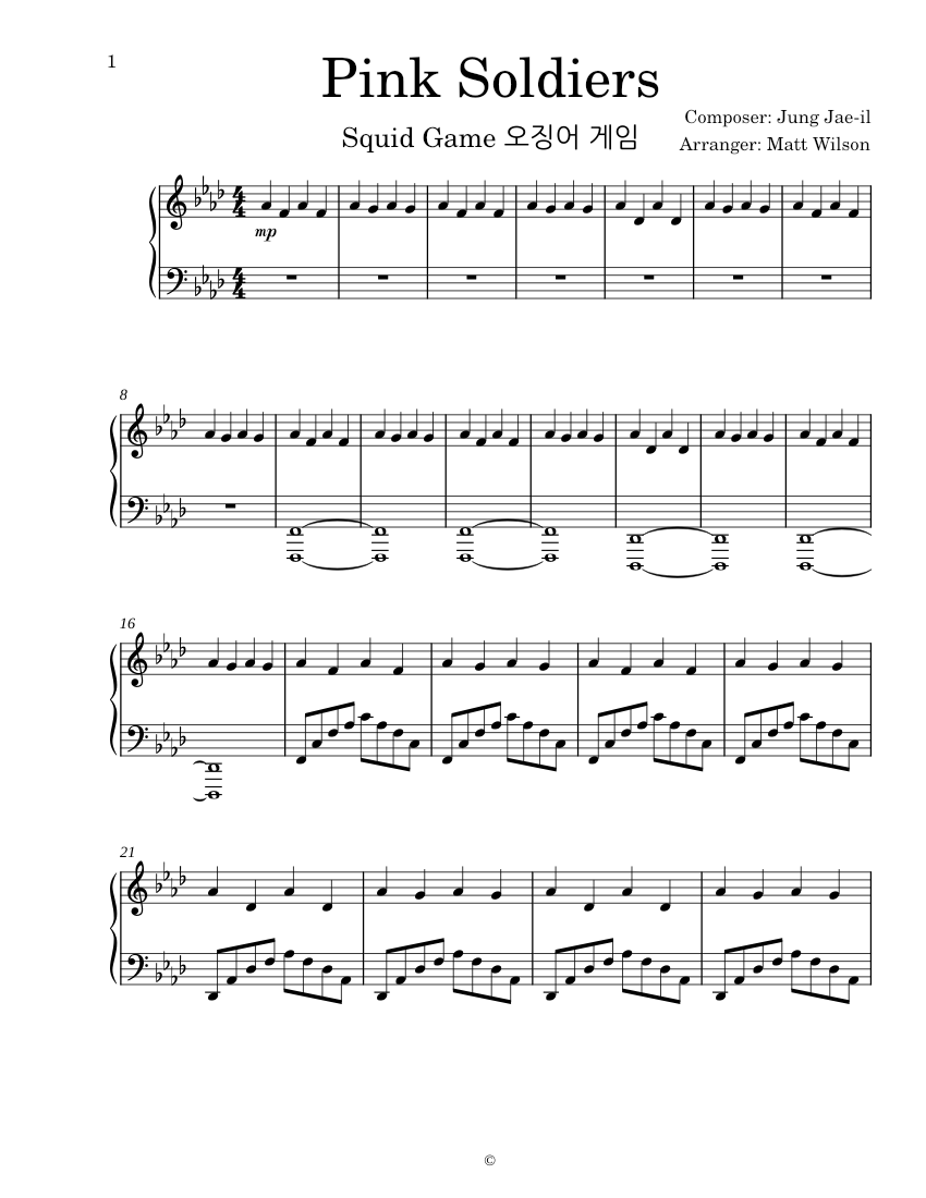 Pink soldiers squid game solo piano sheet music for piano