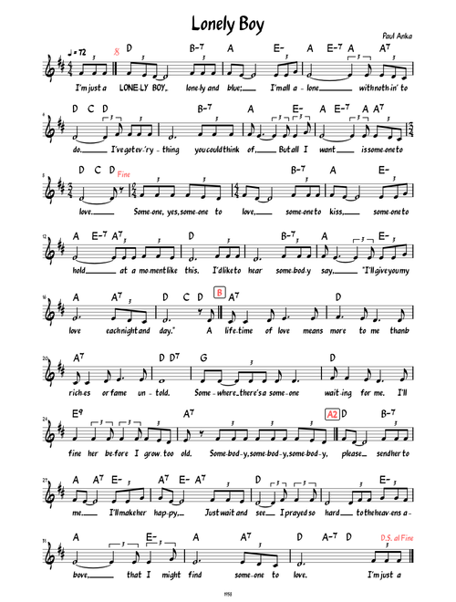 Lonely Boy (Paul Anka) (Lead sheet with lyrics )