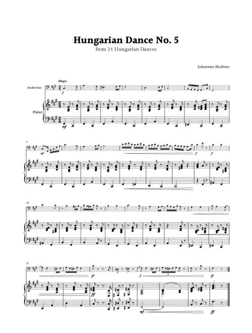 Hungarian Dance No. 5 by Brahms for Double Bass and Piano (Arr. Rika K.) (Instrumental Solo (with Piano Accompaniment))