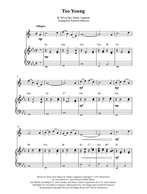 Too Young (Arr. Kaiserin Rebecca) - Sylvia Dee, Sidney Lippman (Alto Sax and Piano)