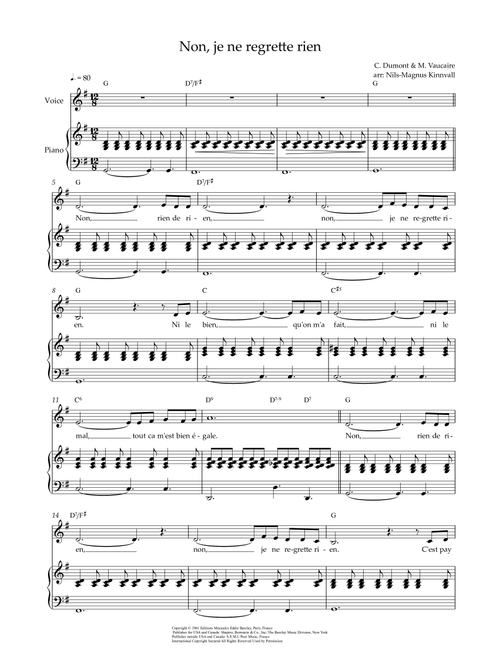 Non, Je Ne Regrette Rien (Arr. Nils-Magnus Kinnvall) - Edith Piaf (Piano Vocal)